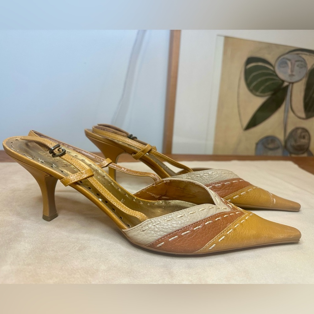 BCBGirls Mustard Yellow, Tan & Cream Pointed-Toe Slingback Heels